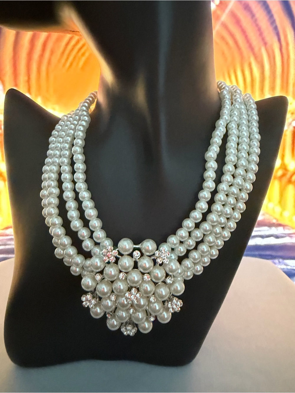 Classic White Pearl Multi-Strand Statement Necklace+earrings set